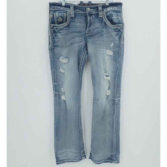 Rock Revival Jeans Men 36x29 Blue Kenn Slim Boot Western Rockabilly Distressed - Picture 1 of 14
